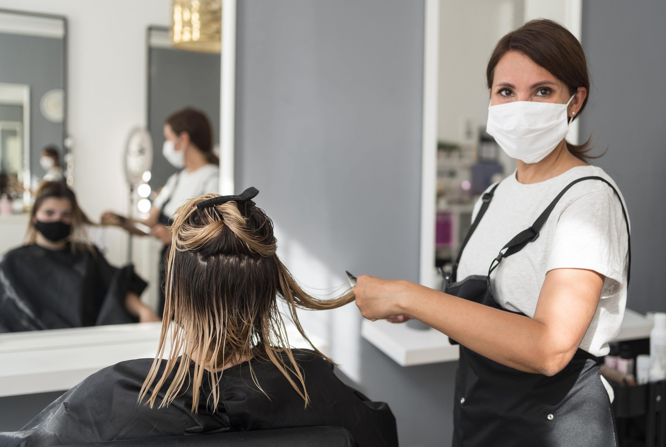 hairdresser wearing fabric mask client scaled